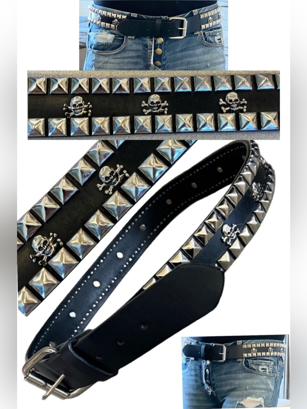 Hot Topic Y2K Skull & Crossbones Black Leather Belt with Silver Buckle 36” Goth